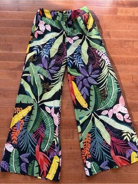 120% Lino Tropical Hawaiian Print Wide-Leg Pants linen sz small